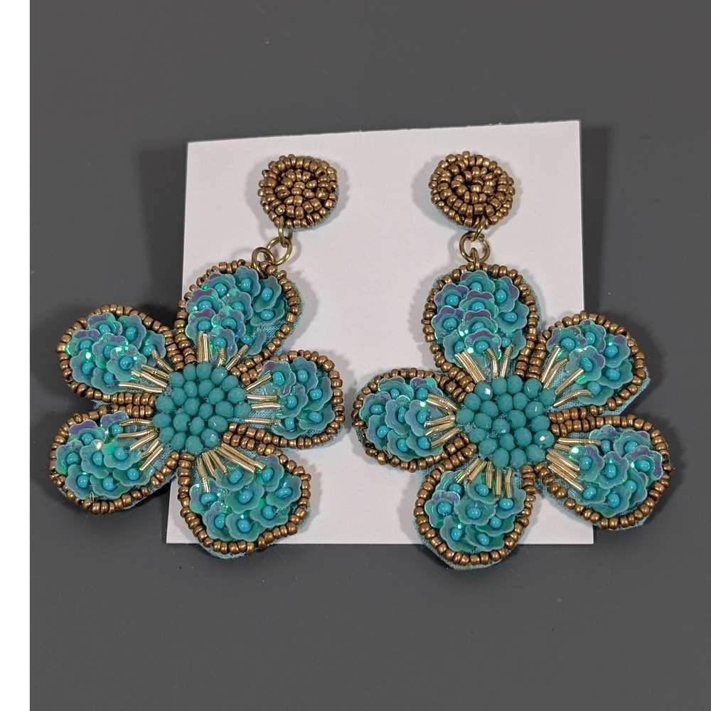 Teal Beaded Flower Statement Earrings Sequin Bronze Tone Dangle Felt‎ Back NWT
